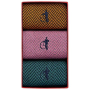 London Sock Company Bond St. Herringbone 3-pars sockboxsats - blå/rosa/gul