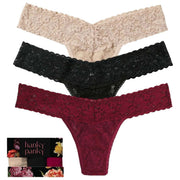 Hanky Panky Signature Lace Low Rise 3 Pack Thongs - Chai/Black/Dark Pomegranate