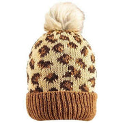 Dents Jacquard Leopard Print Pattern and Faux Fur Pom Pom Knitted Bobble Hat - Tan