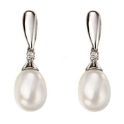 Elements Gold Diamond and Pearl Drop Earrings - White Gold/White